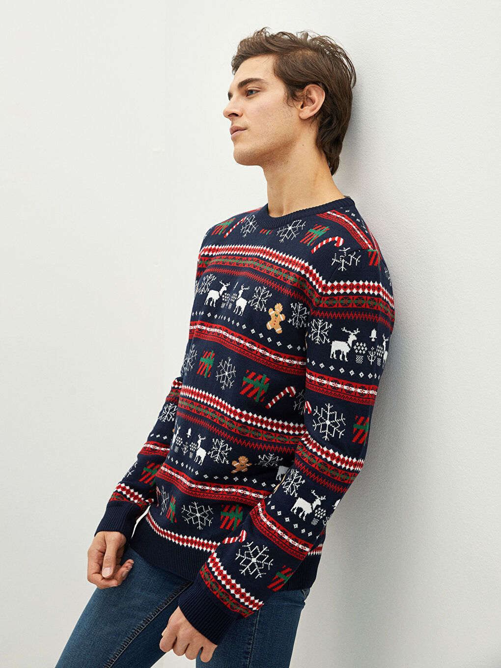 Crew Neck Christmas Themed Long Sleeve Printed Men's Sweater