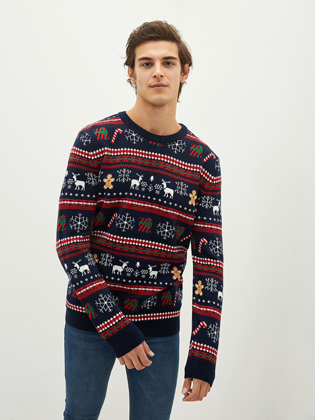 Crew Neck Christmas Themed Long Sleeve Printed Men's Sweater-1