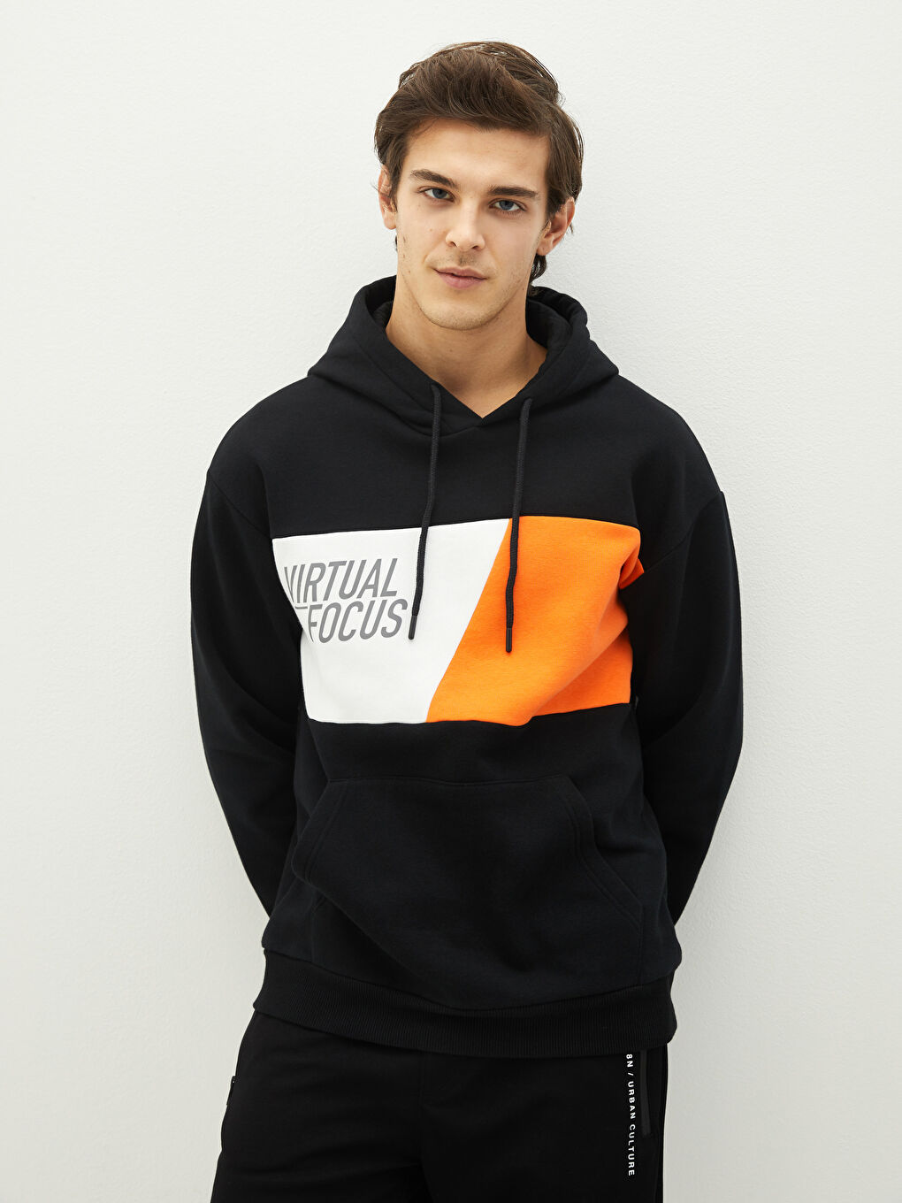 Siyah Uzun Kollu Renk Bloklu Erkek Kalın Hoodie