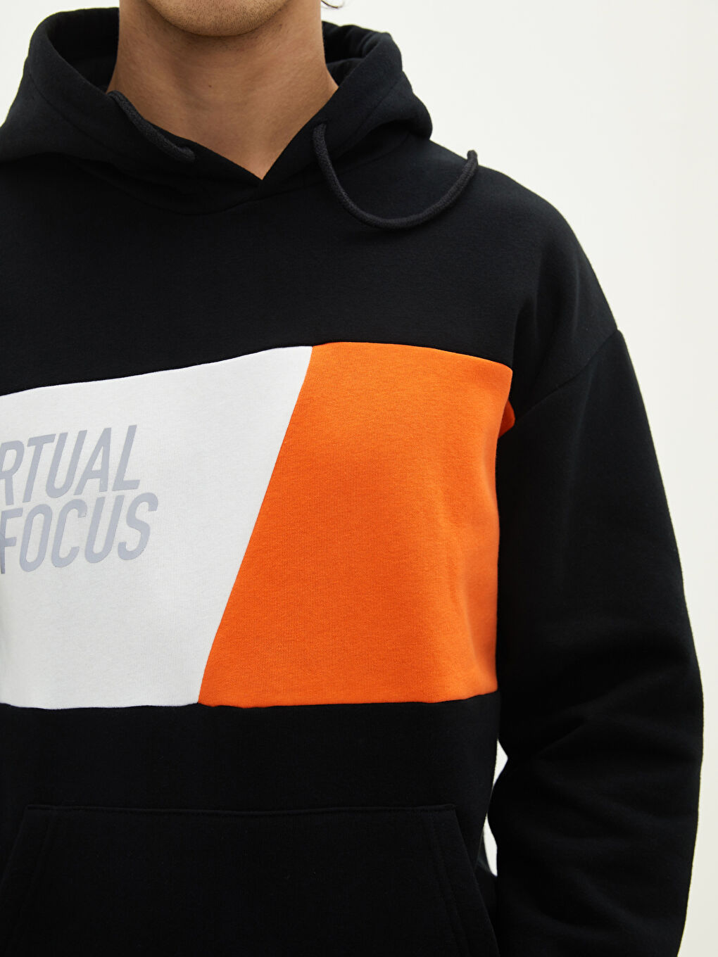 Siyah Uzun Kollu Renk Bloklu Erkek Kalın Hoodie-2