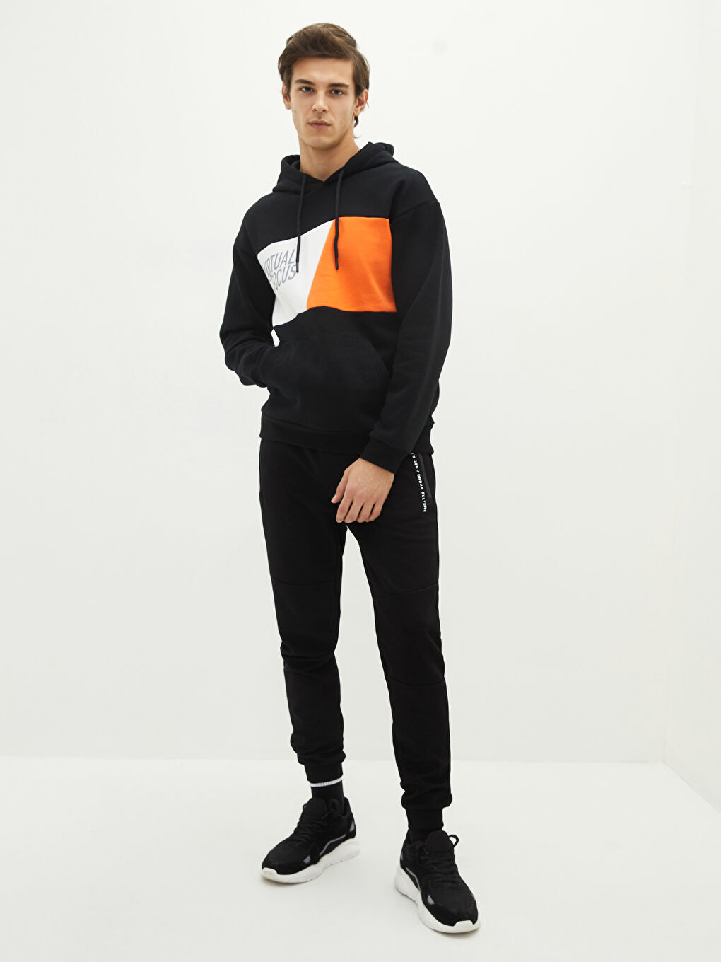 Siyah Uzun Kollu Renk Bloklu Erkek Kalın Hoodie-3