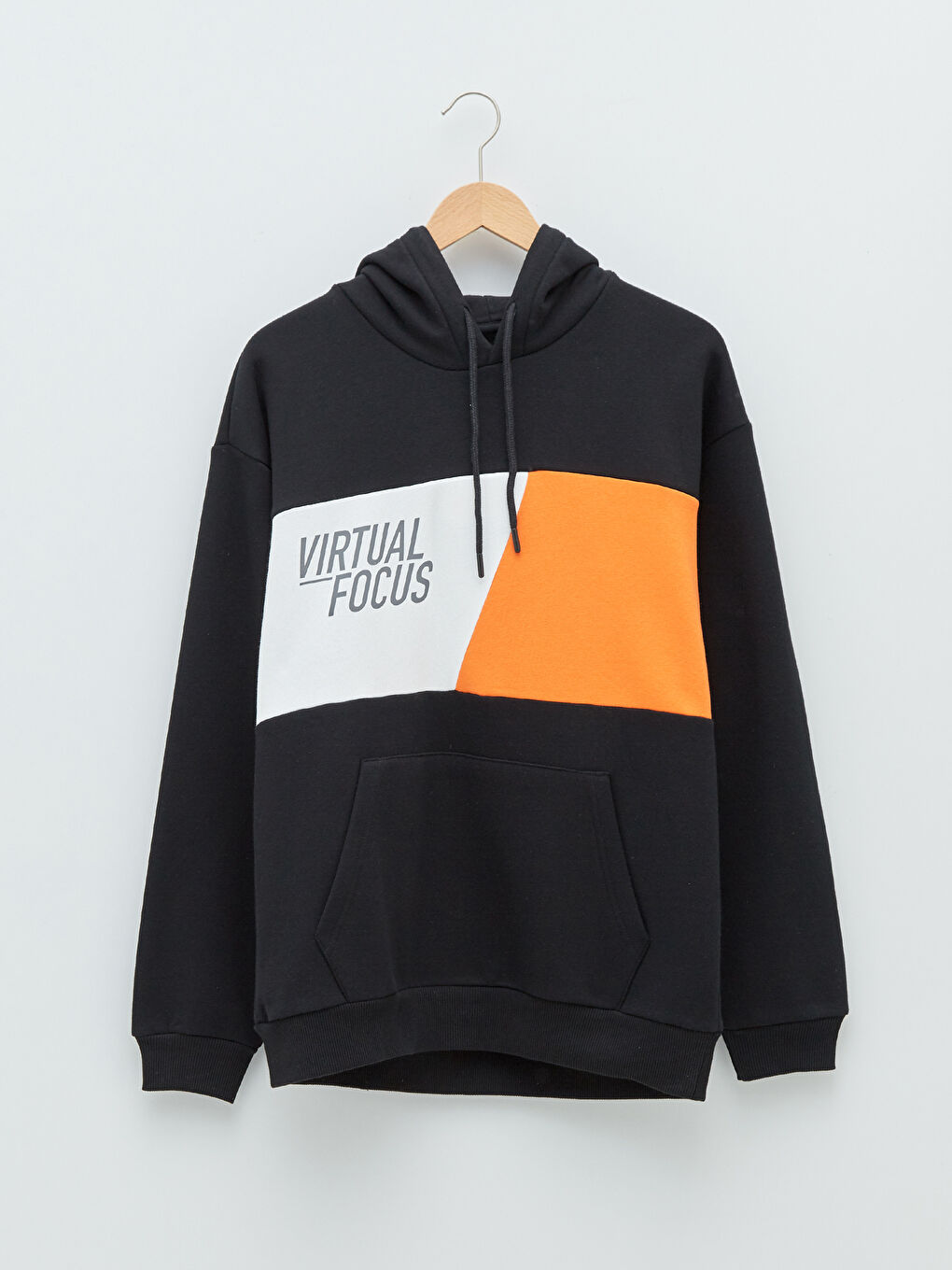 Siyah Uzun Kollu Renk Bloklu Erkek Kalın Hoodie-5