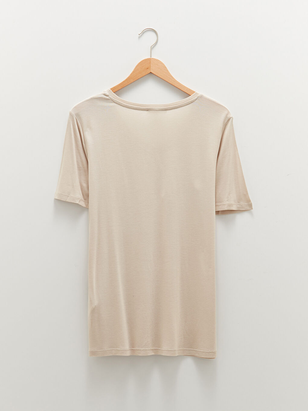 Bej V Yaka Düz Kısa Kollu Kadın Tişört-6