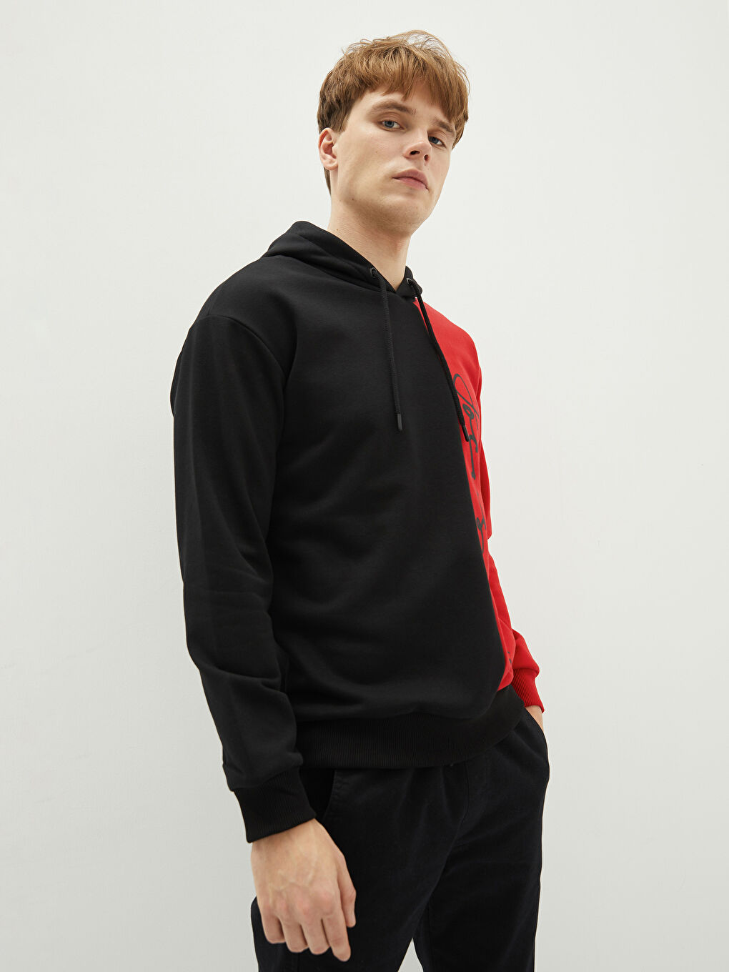 Siyah Uzun Kollu Renk Bloklu Erkek Kalın Hoodie