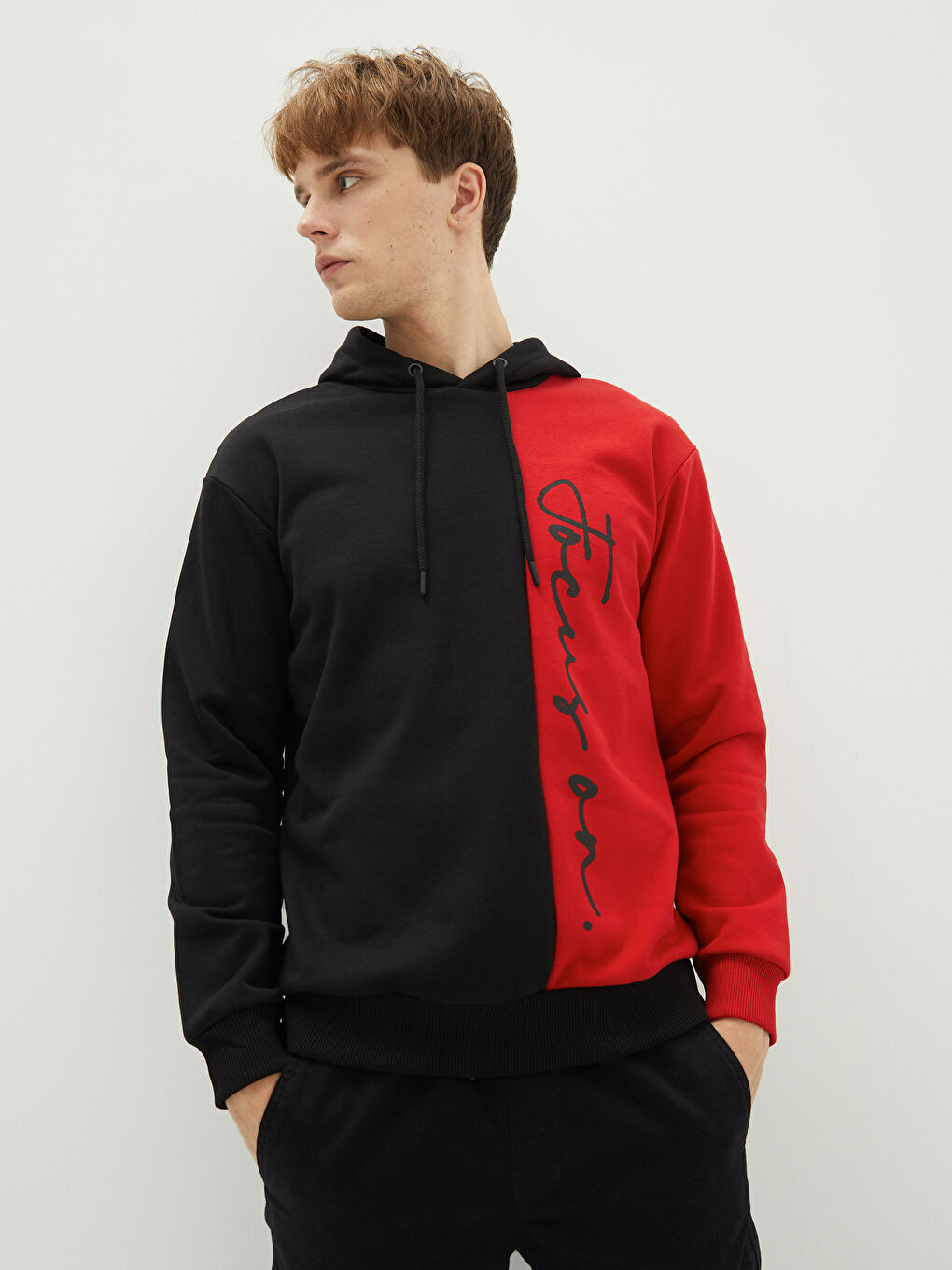 Siyah Uzun Kollu Renk Bloklu Erkek Kalın Hoodie-1