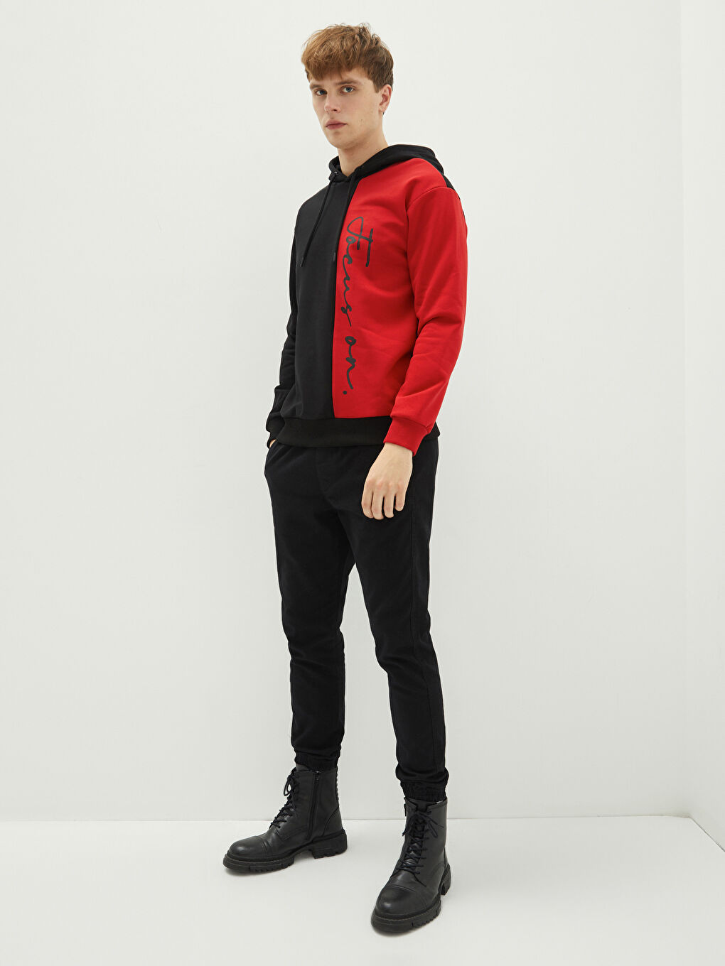 Siyah Uzun Kollu Renk Bloklu Erkek Kalın Hoodie-2