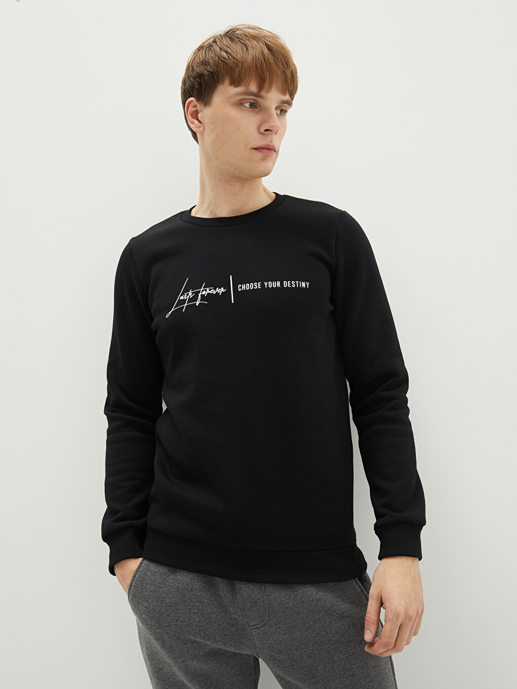 Siyah Bisiklet Yaka Baskılı Erkek Kalın Sweatshirt