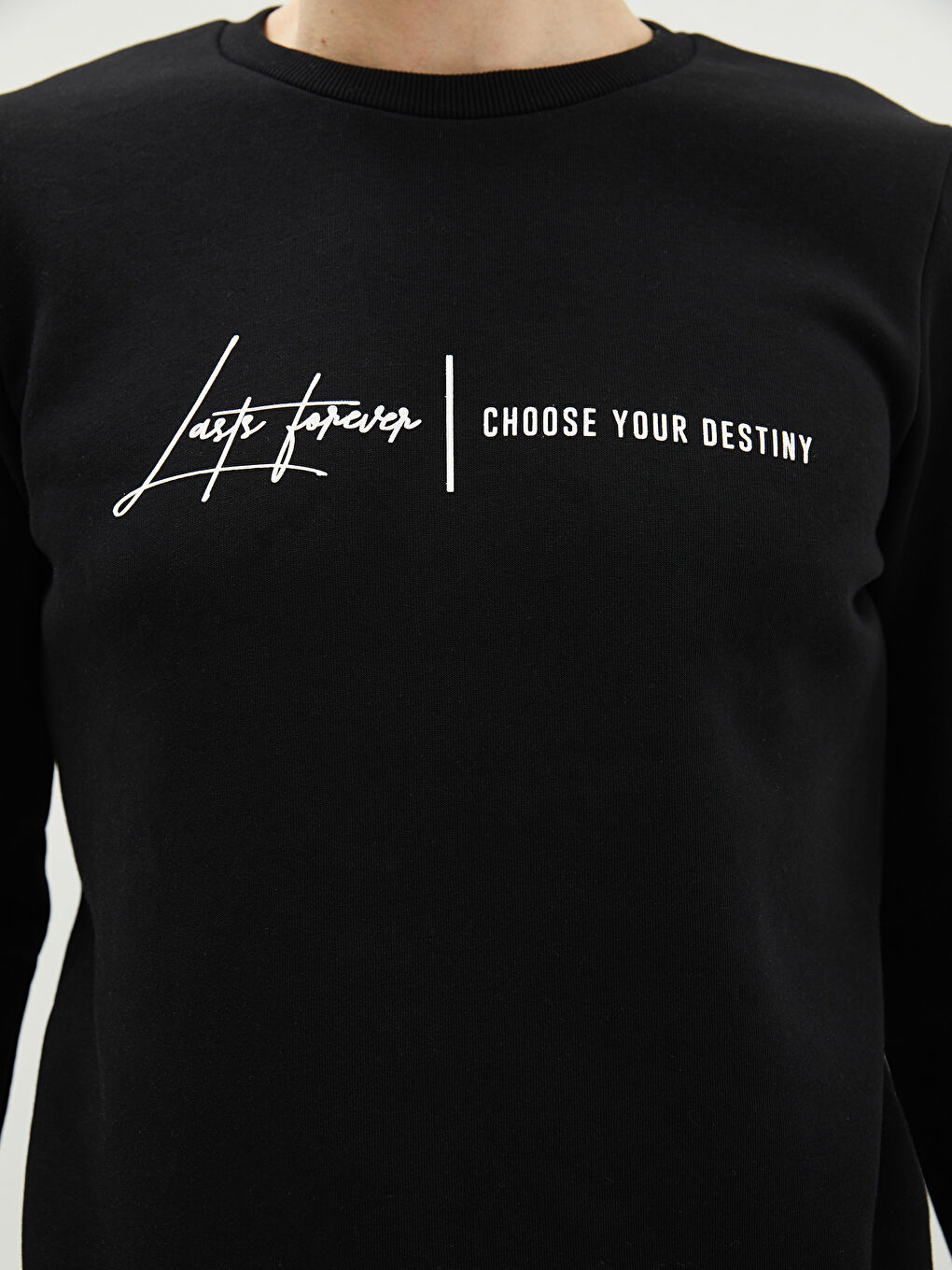 Siyah Bisiklet Yaka Baskılı Erkek Kalın Sweatshirt-3