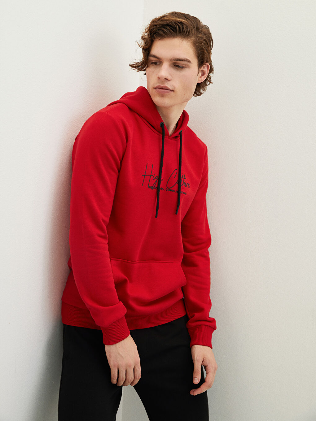 Kırmızı Uzun Kollu Baskılı Erkek Kalın Hoodie