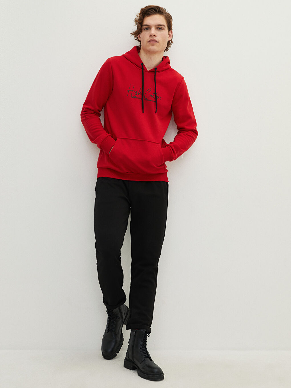 Kırmızı Uzun Kollu Baskılı Erkek Kalın Hoodie-2