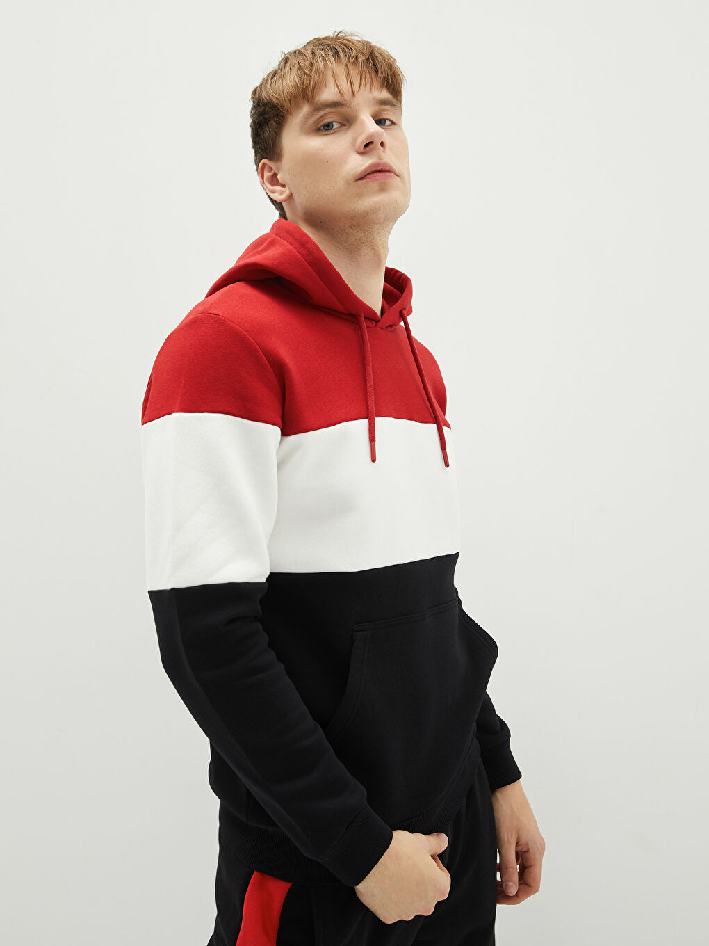 Siyah Uzun Kollu Renk Bloklu Erkek Kalın Hoodie-1