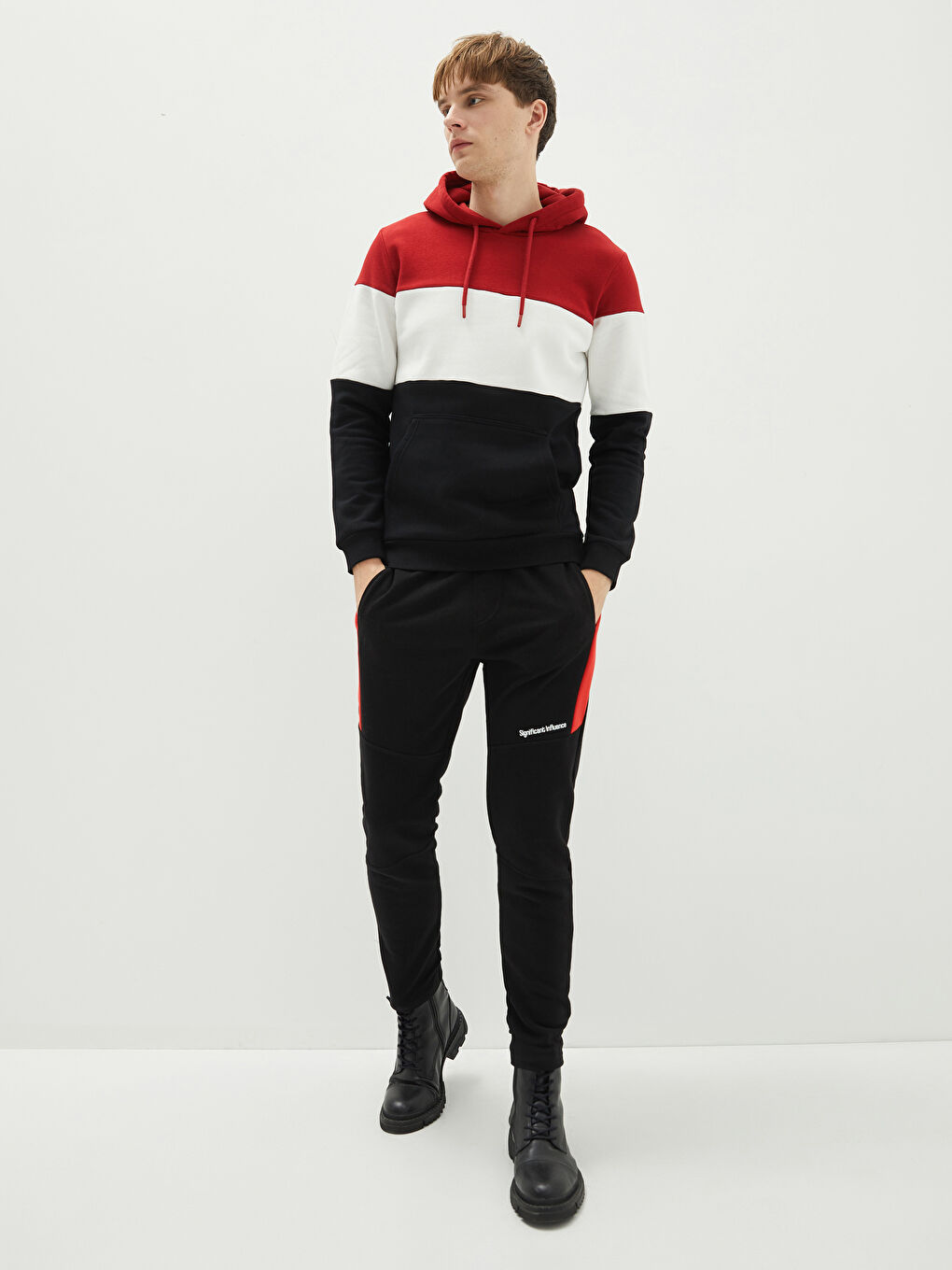 Siyah Uzun Kollu Renk Bloklu Erkek Kalın Hoodie-2