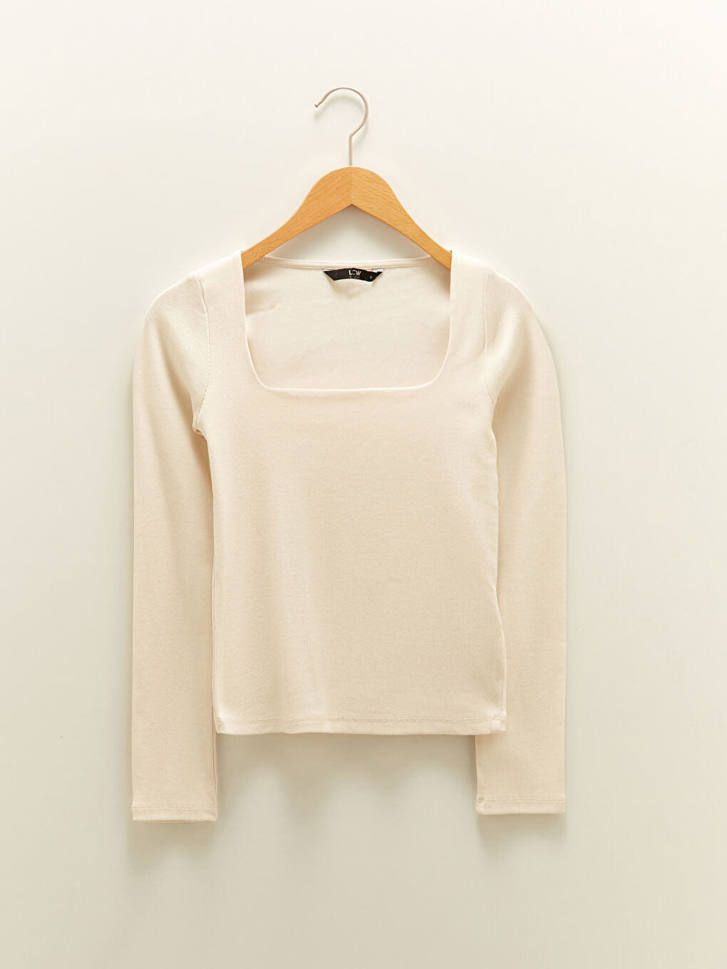 Square Collar Straight Long Sleeve Cotton Women's T-Shirt-4