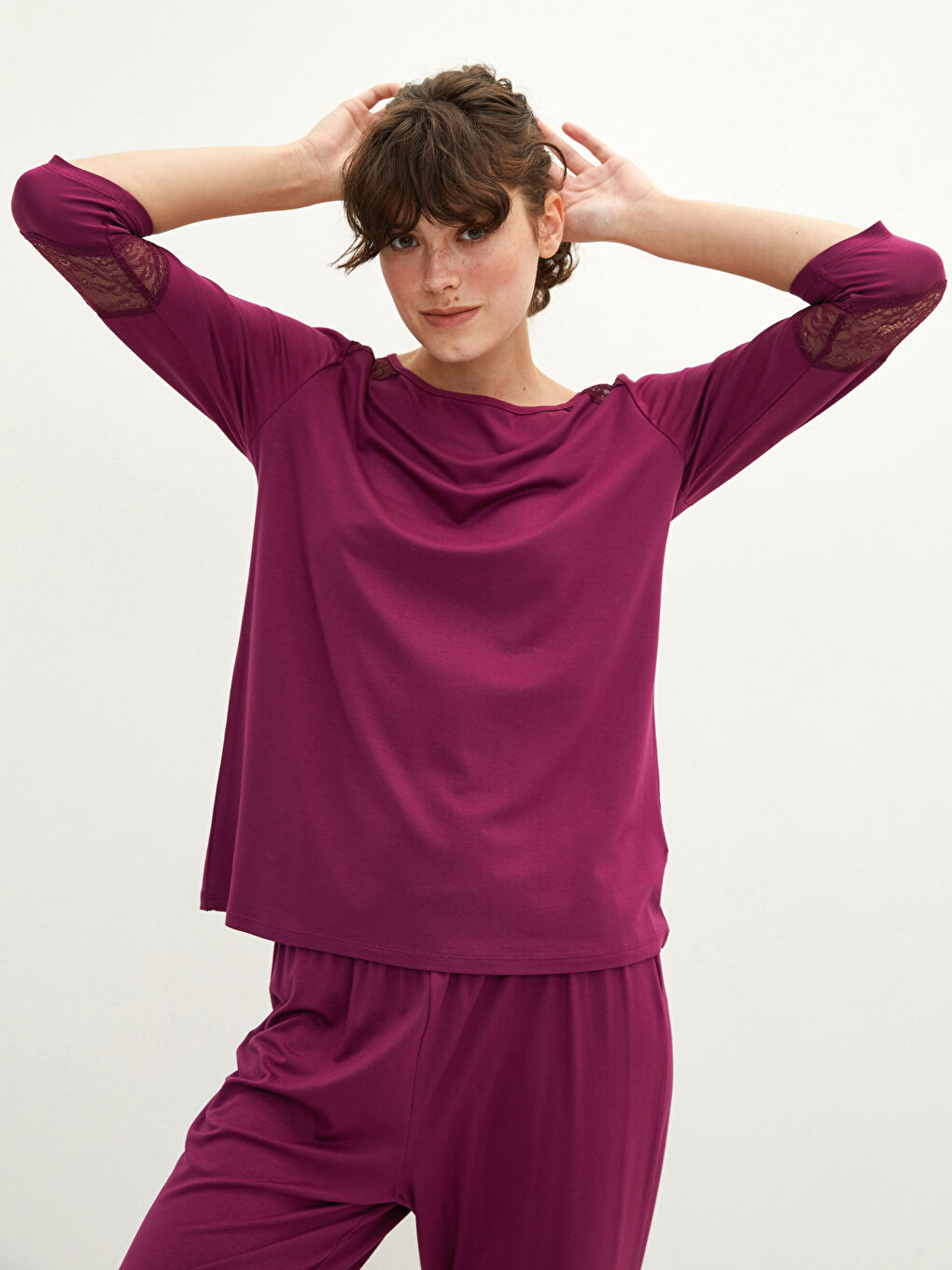 LCW DREAM Boat Neck Lace Detailed Long Sleeve Women's Pajamas Set -W1DU29Z8-HLU