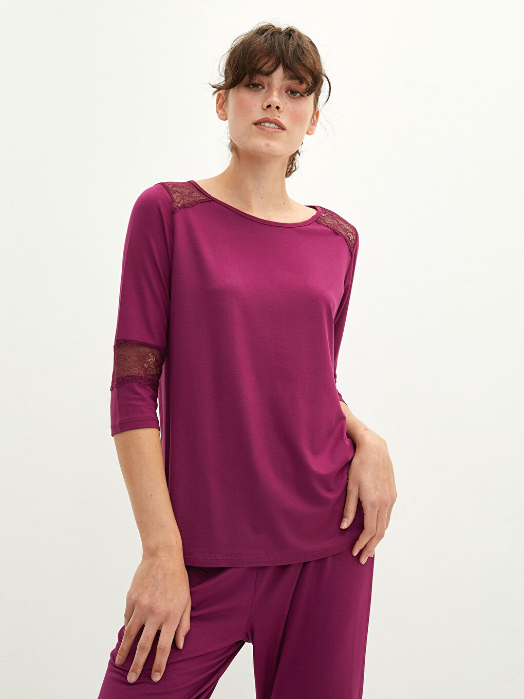 LCW DREAM Boat Neck Lace Detailed Long Sleeve Women's Pajamas Set -W1DU29Z8-HLU