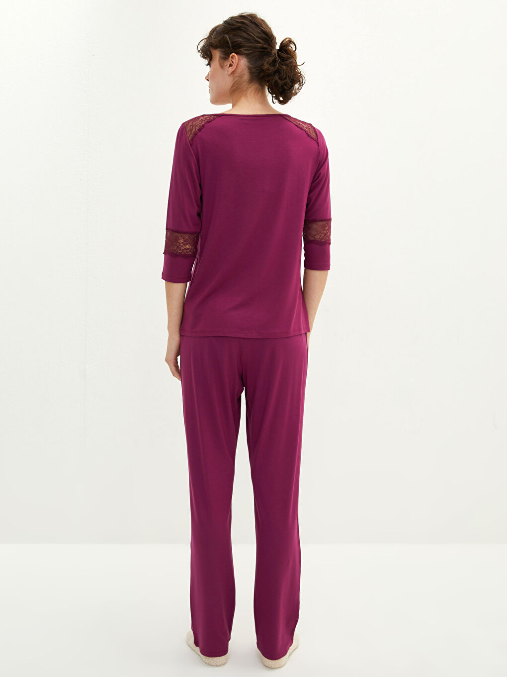 LCW DREAM Boat Neck Lace Detailed Long Sleeve Women's Pajamas Set -W1DU29Z8-HLU