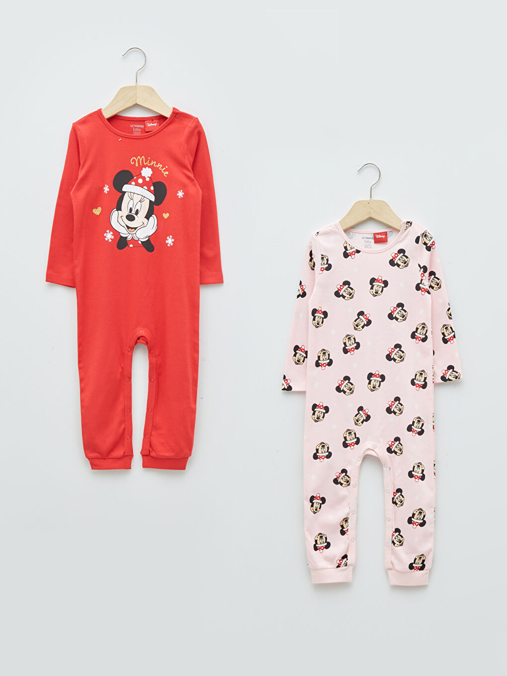 Crew Neck Long Sleeved Minnie Mouse Printed Cotton Baby Girl Rompers 2 Pack
