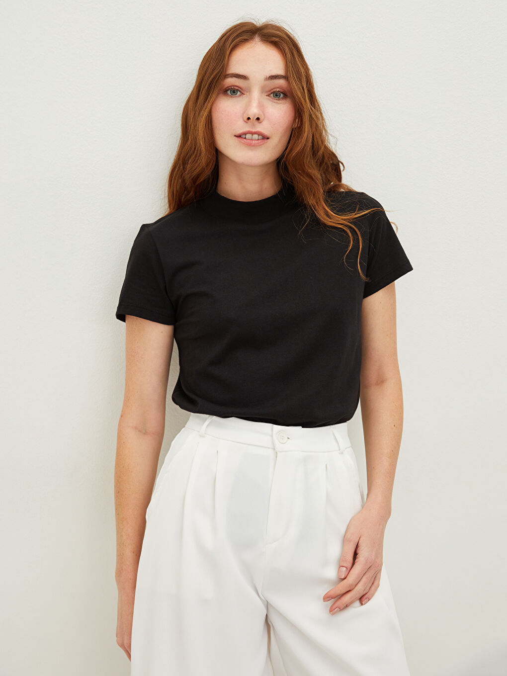 Stehkragen Gerade Kurzarm Baumwolle T-Shirt für Damen-2