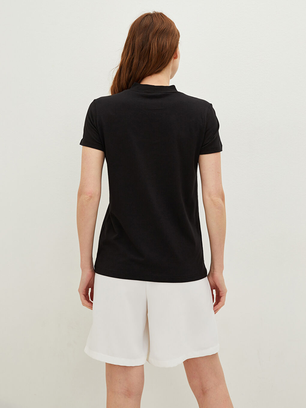 Stehkragen Gerade Kurzarm Baumwolle T-Shirt für Damen-3