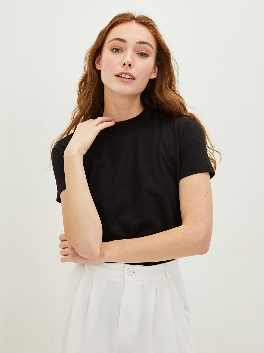 Stehkragen Gerade Kurzarm Baumwolle T-Shirt für Damen-4