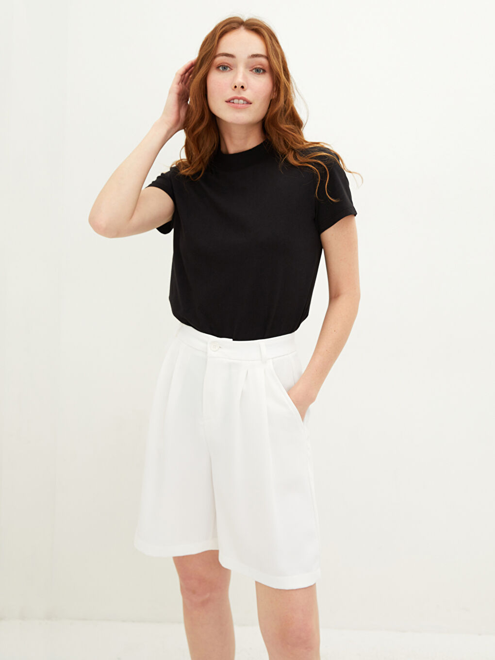 Stehkragen Gerade Kurzarm Baumwolle T-Shirt für Damen