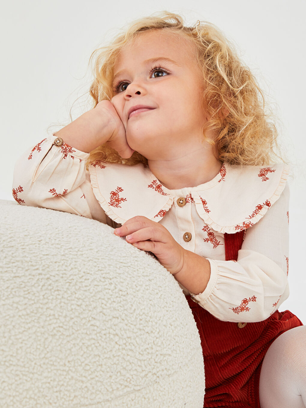 Ekru Bebe Yaka Uzun Kollu Desenli Pamuklu Kız Bebek Bluz