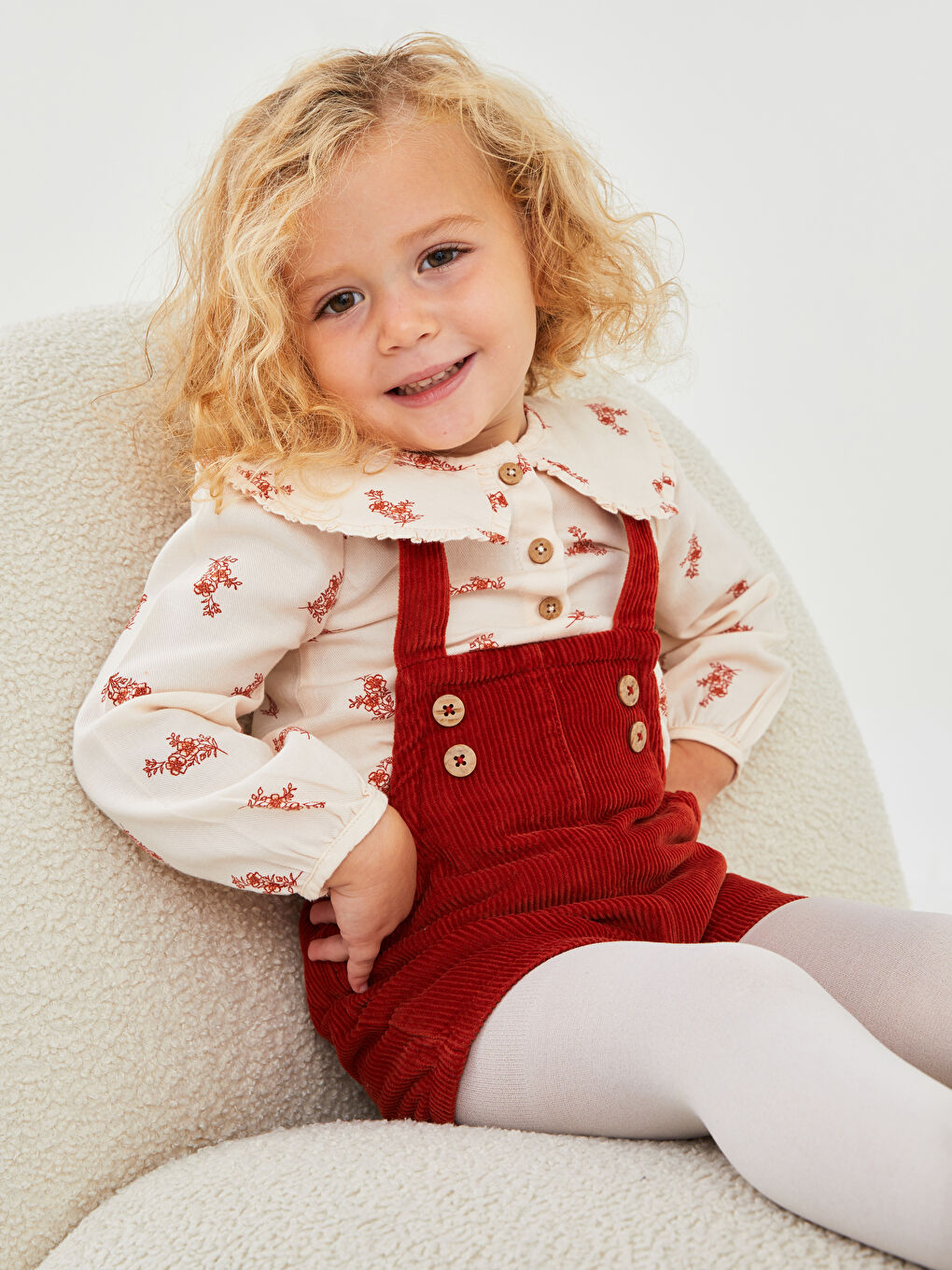 Ekru Bebe Yaka Uzun Kollu Desenli Pamuklu Kız Bebek Bluz-1