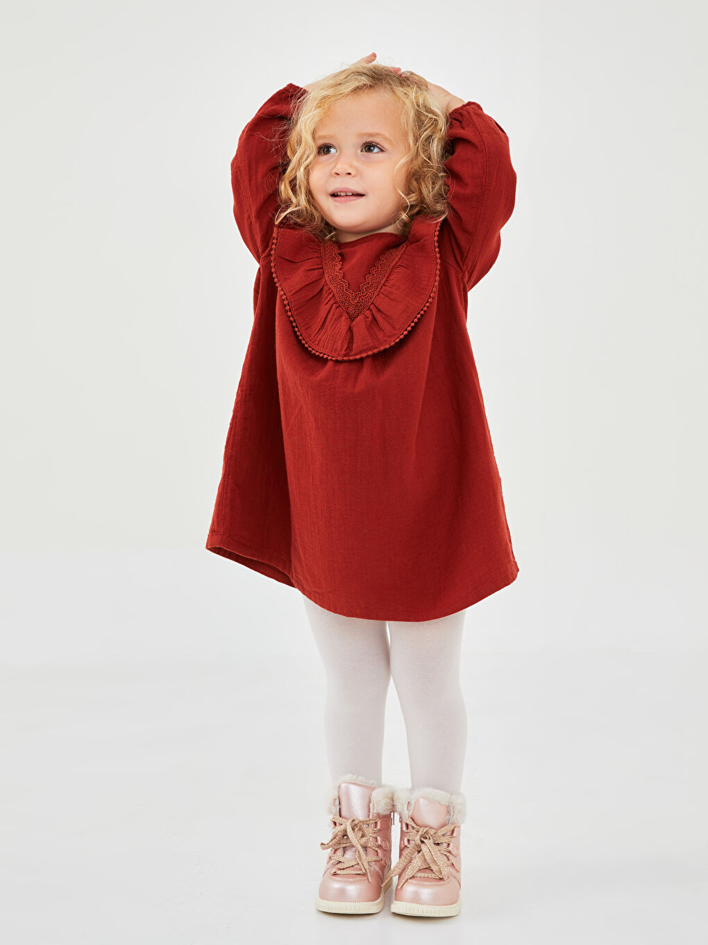 Kırmızı Bisiklet Yaka Uzun Kollu Pamuklu Kız Bebek Elbise-2