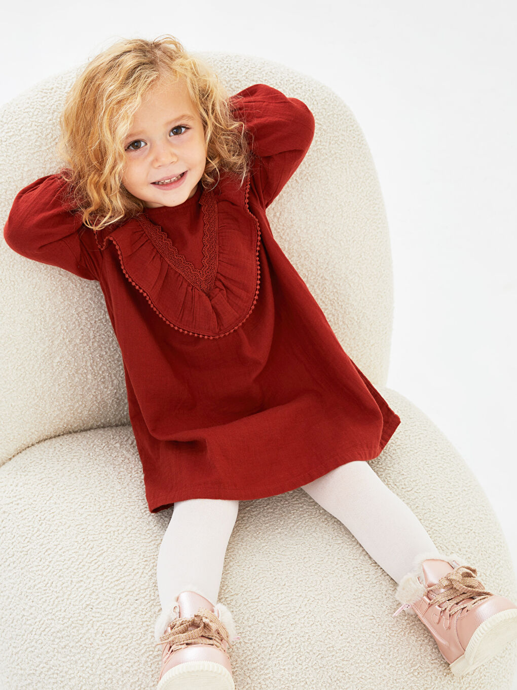 Kırmızı Bisiklet Yaka Uzun Kollu Pamuklu Kız Bebek Elbise-1