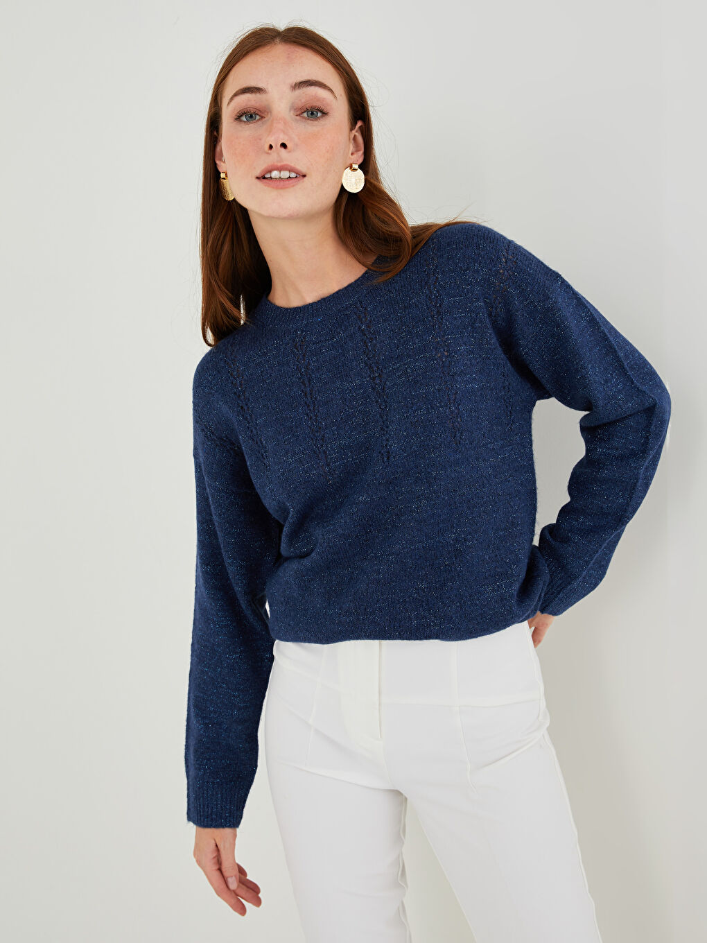 Crew Neck Self Patterned Long Sleeve Women's Knitwear Sweater
