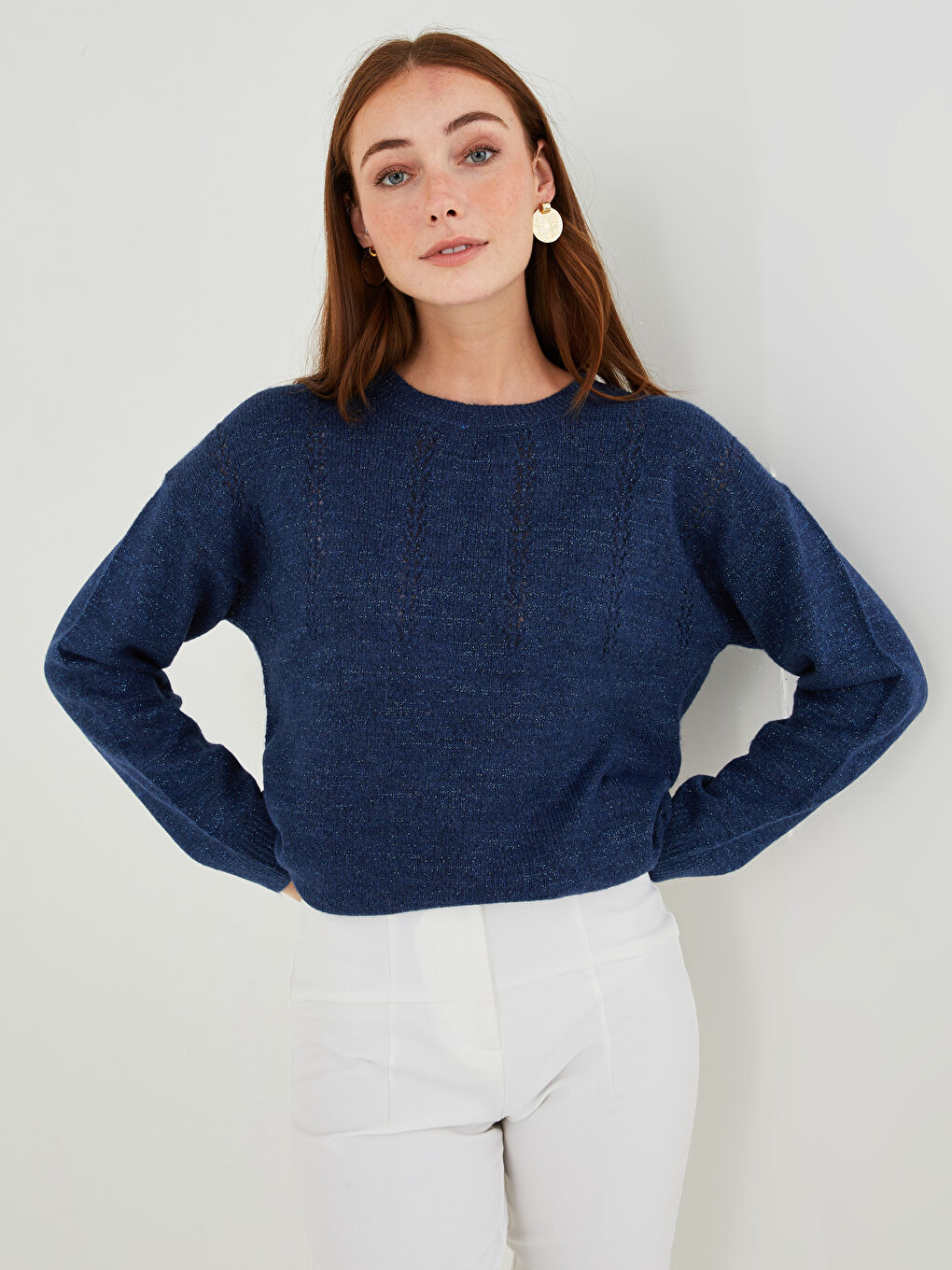 Crew Neck Self Patterned Long Sleeve Women's Knitwear Sweater-1