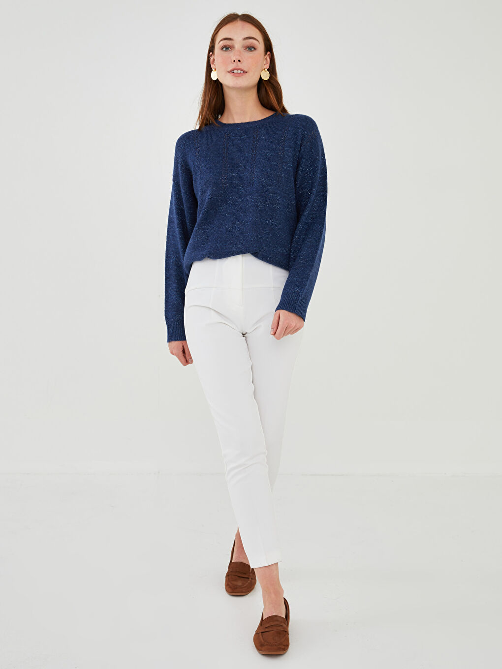 Crew Neck Self Patterned Long Sleeve Women's Knitwear Sweater-2