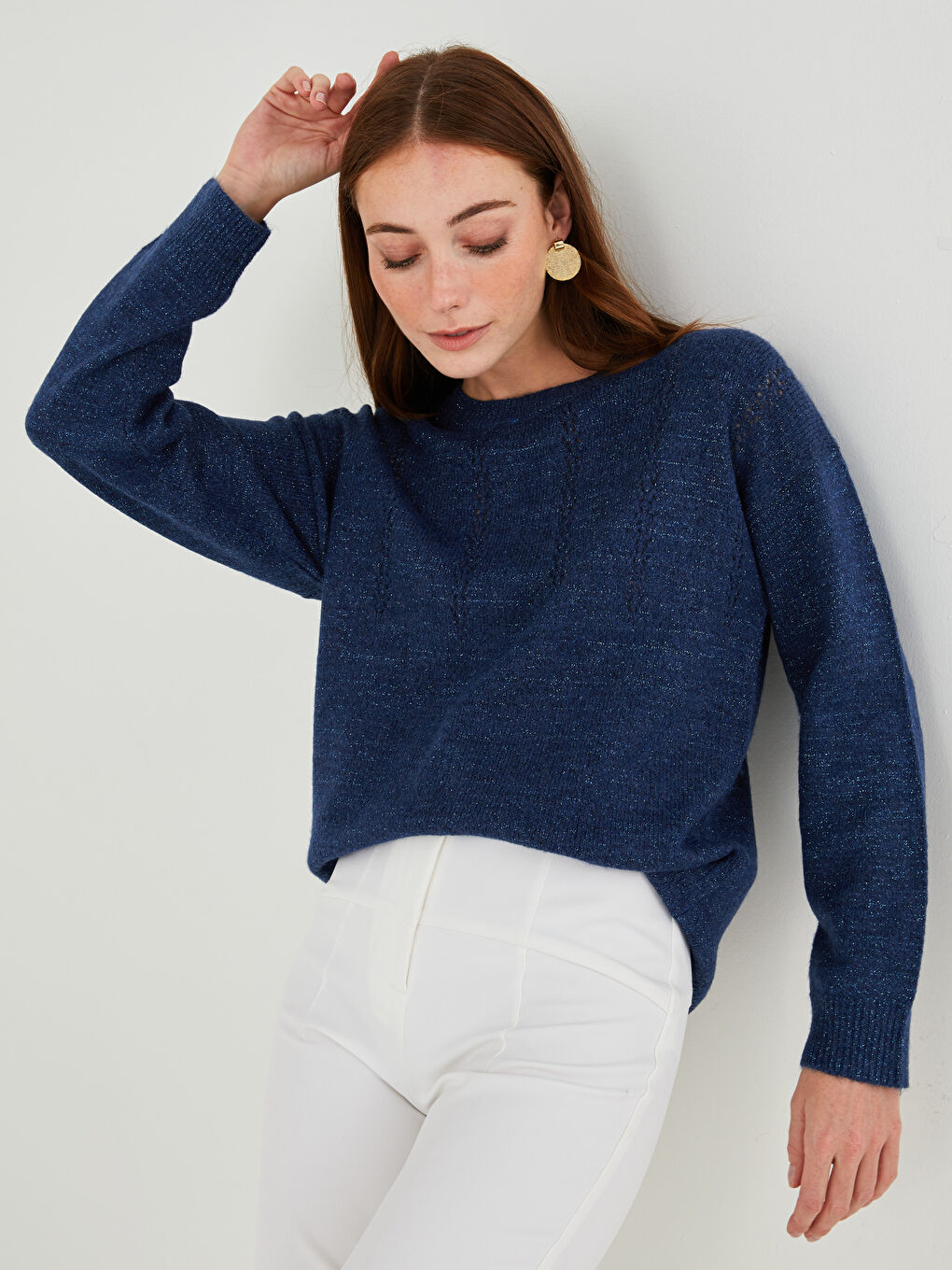 Crew Neck Self Patterned Long Sleeve Women's Knitwear Sweater-3