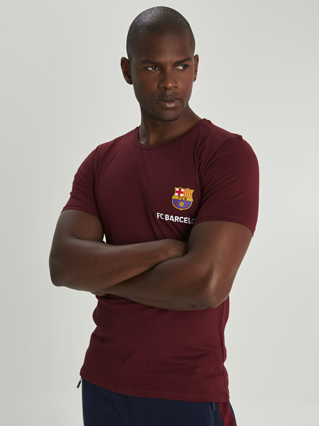 Bordo Bisiklet Yaka Kısa Kollu Barcelona Baskılı Penye Erkek Taraftar Tişört-1