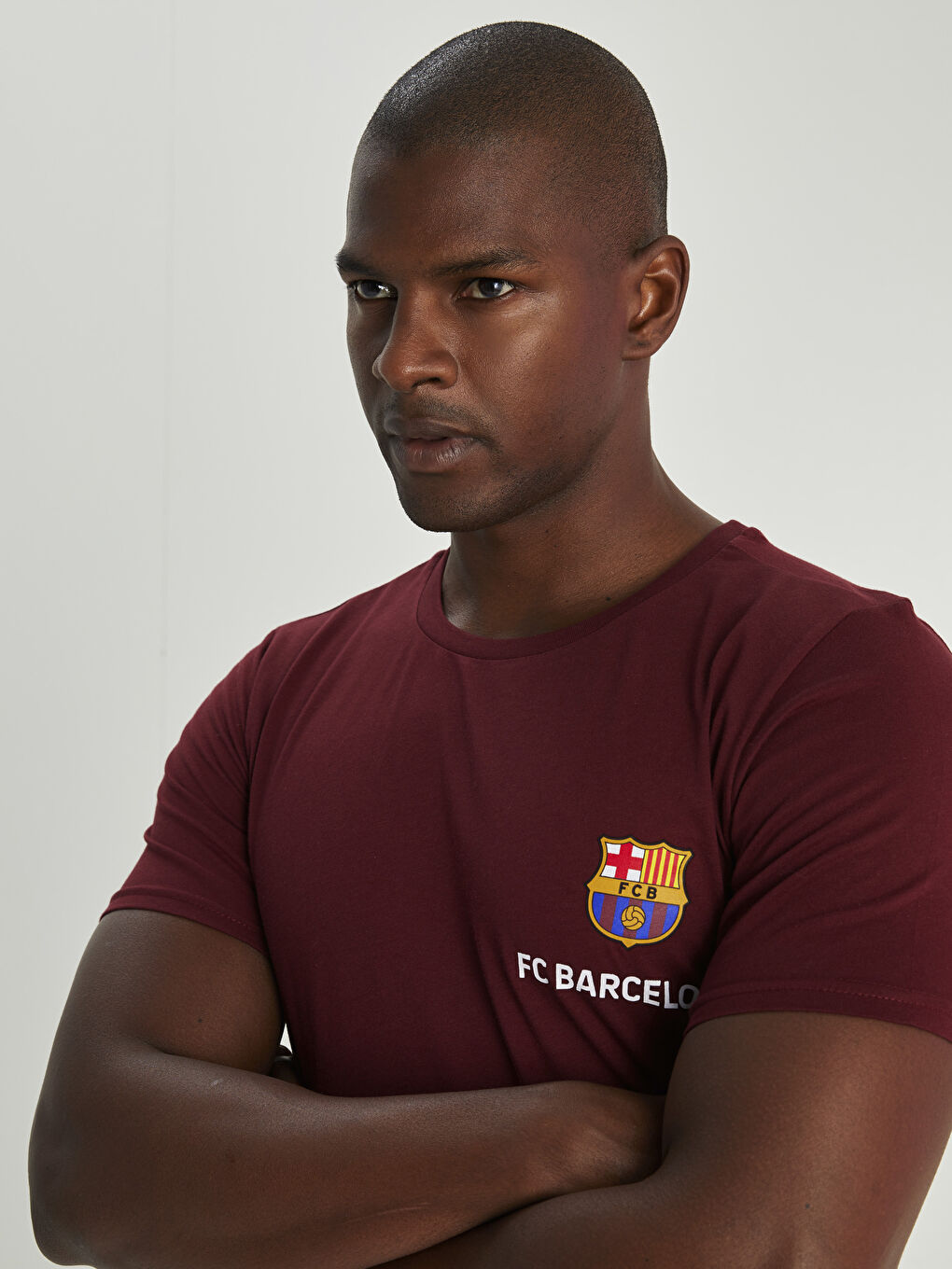 Bordo Bisiklet Yaka Kısa Kollu Barcelona Baskılı Penye Erkek Taraftar Tişört-3