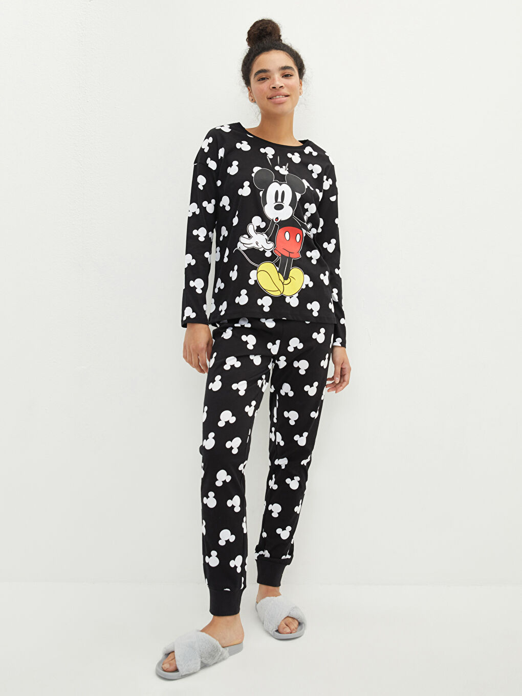 Crew Neck Mickey Mouse Printed Long Sleeve Cotton Women's Pajama Set-2