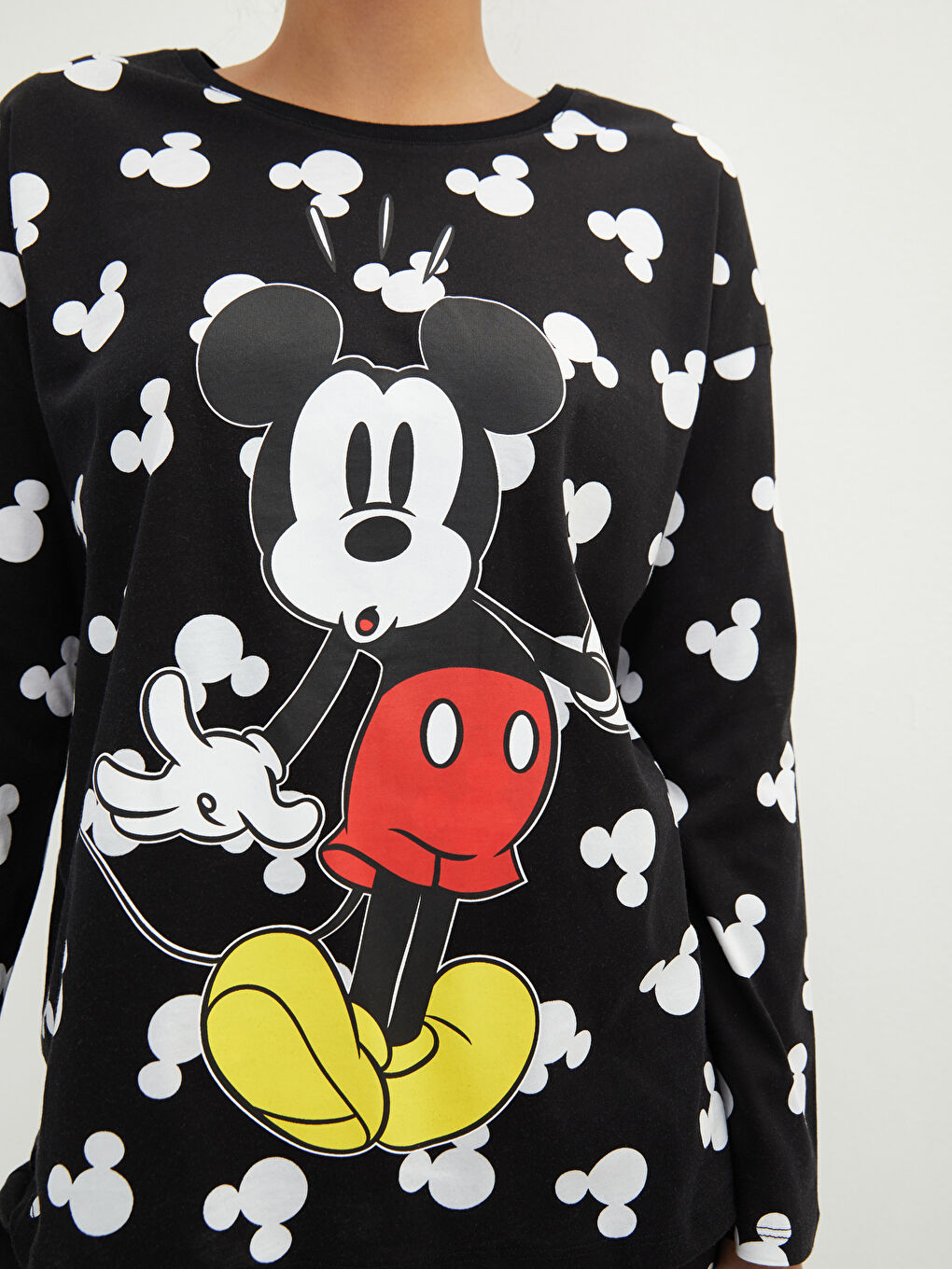 Crew Neck Mickey Mouse Printed Long Sleeve Cotton Women's Pajama Set-3