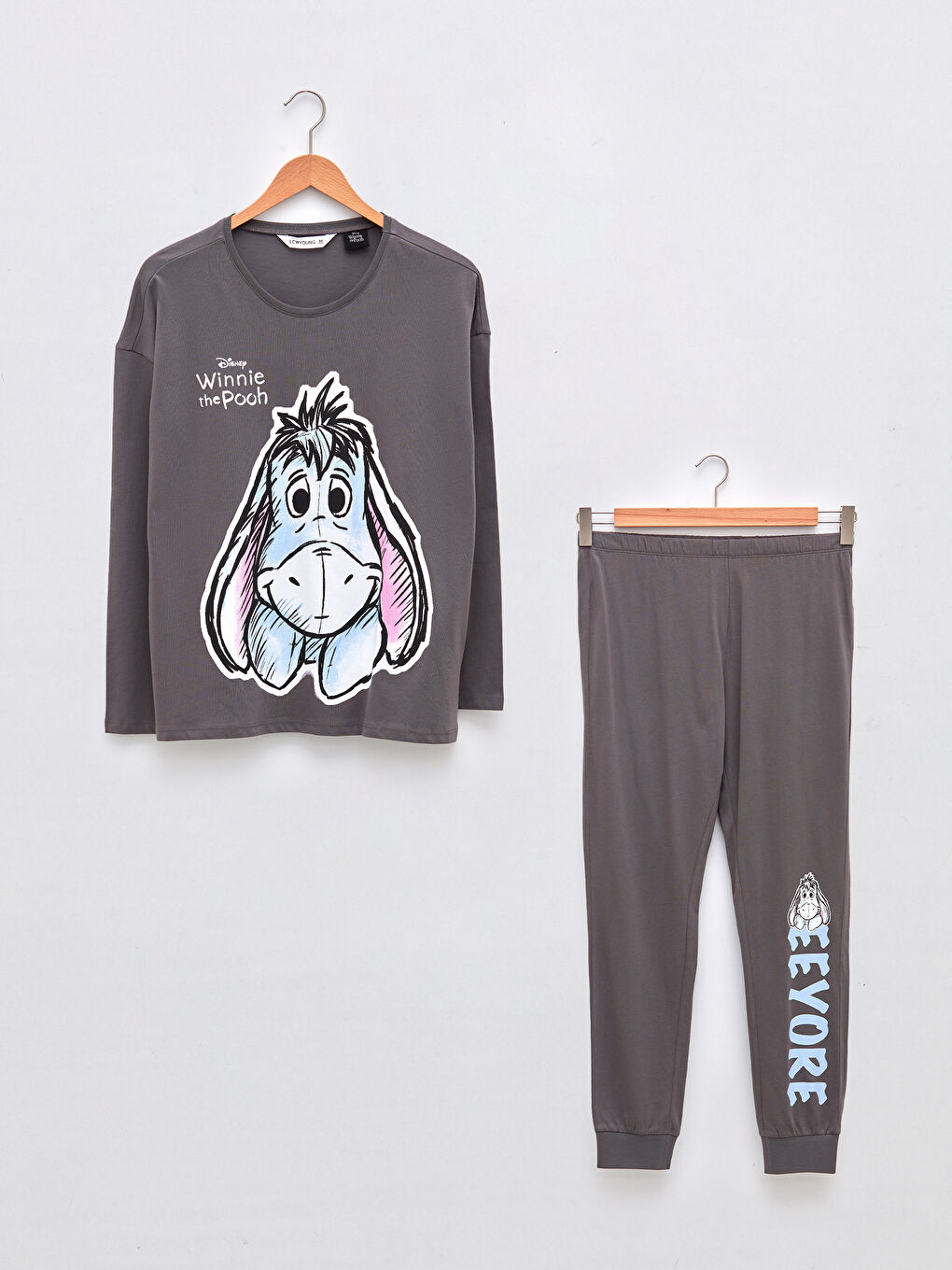 Gri Bisiklet Yaka Winnie the Pooh Baskılı Uzun Kollu Pamuklu Kadın Pijama Takımı-5