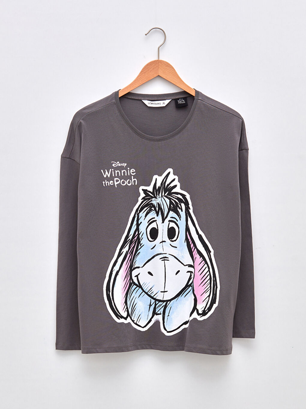 Gri Bisiklet Yaka Winnie the Pooh Baskılı Uzun Kollu Pamuklu Kadın Pijama Takımı-6