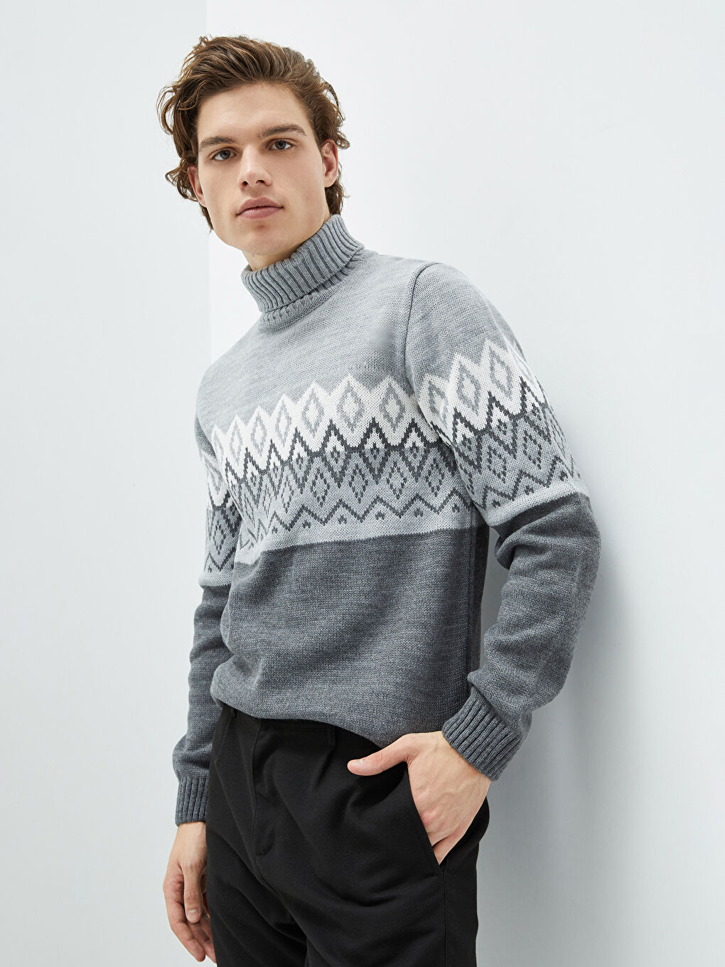 Turtleneck Long Sleeve Patterned Men's Knitwear Sweater-1