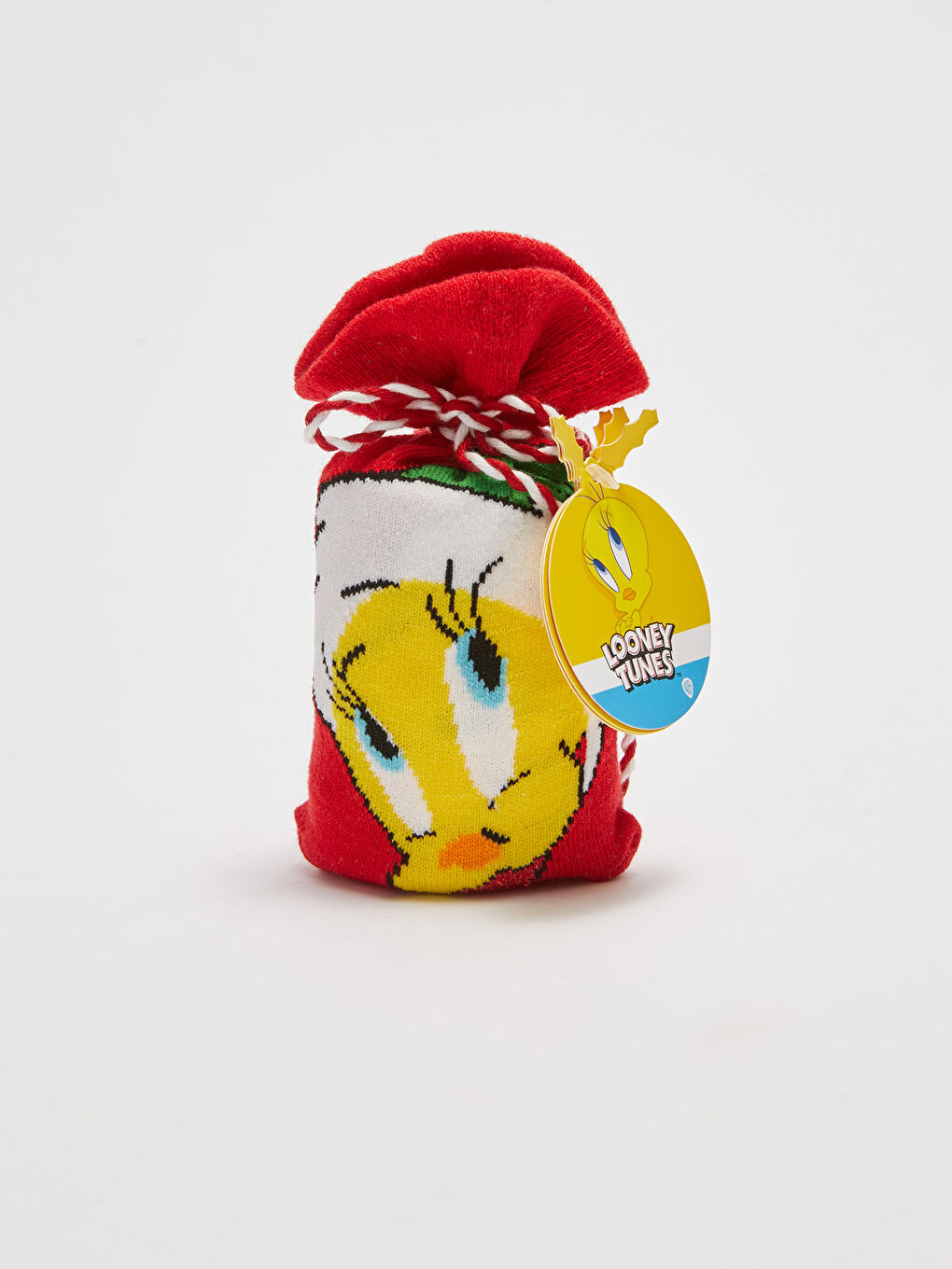 Kırmızı Tweety Baskılı Yılbaşı Temalı Kadın Soket Çorap