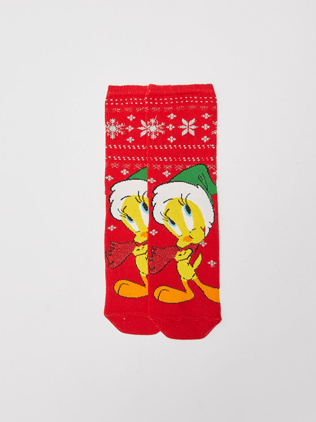 Kırmızı Tweety Baskılı Yılbaşı Temalı Kadın Soket Çorap-1