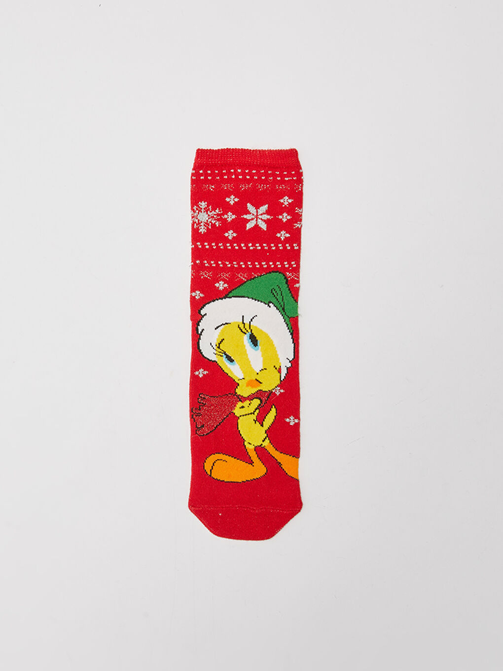 Kırmızı Tweety Baskılı Yılbaşı Temalı Kadın Soket Çorap-2
