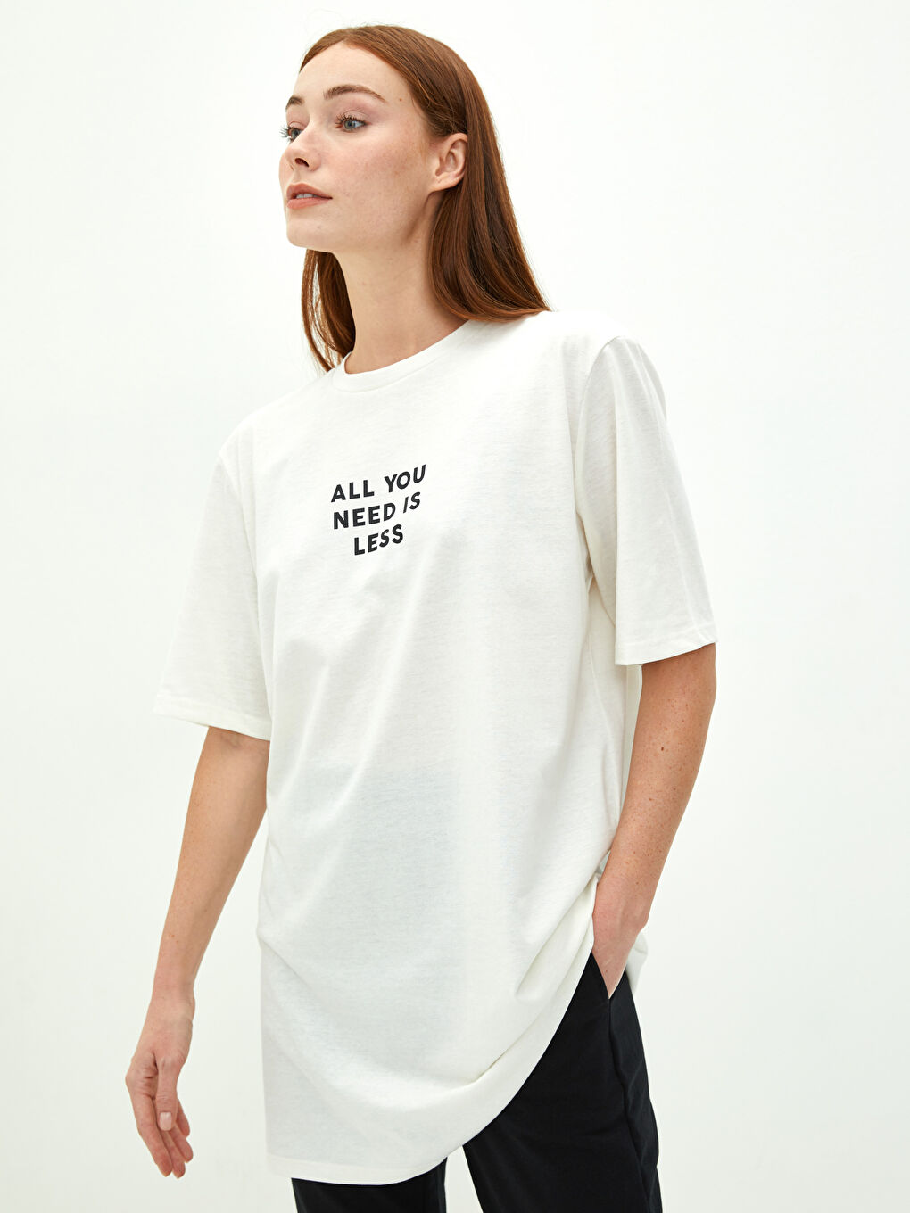 Ekru Bisiklet Yaka Baskılı Kısa Kollu Kadın Tunik