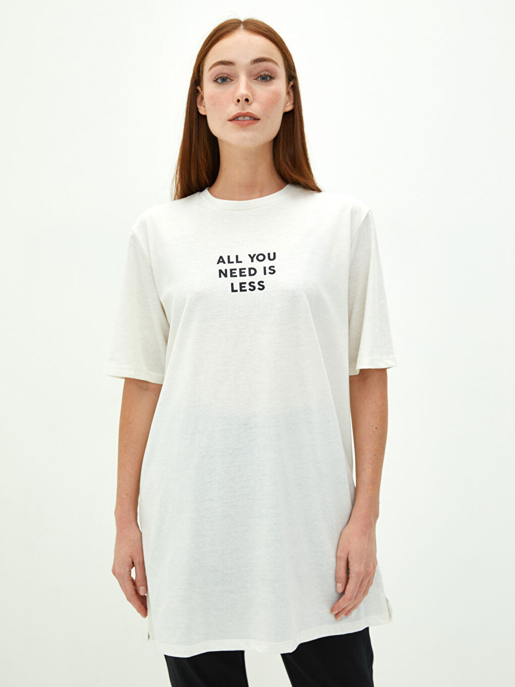 Ekru Bisiklet Yaka Baskılı Kısa Kollu Kadın Tunik-1