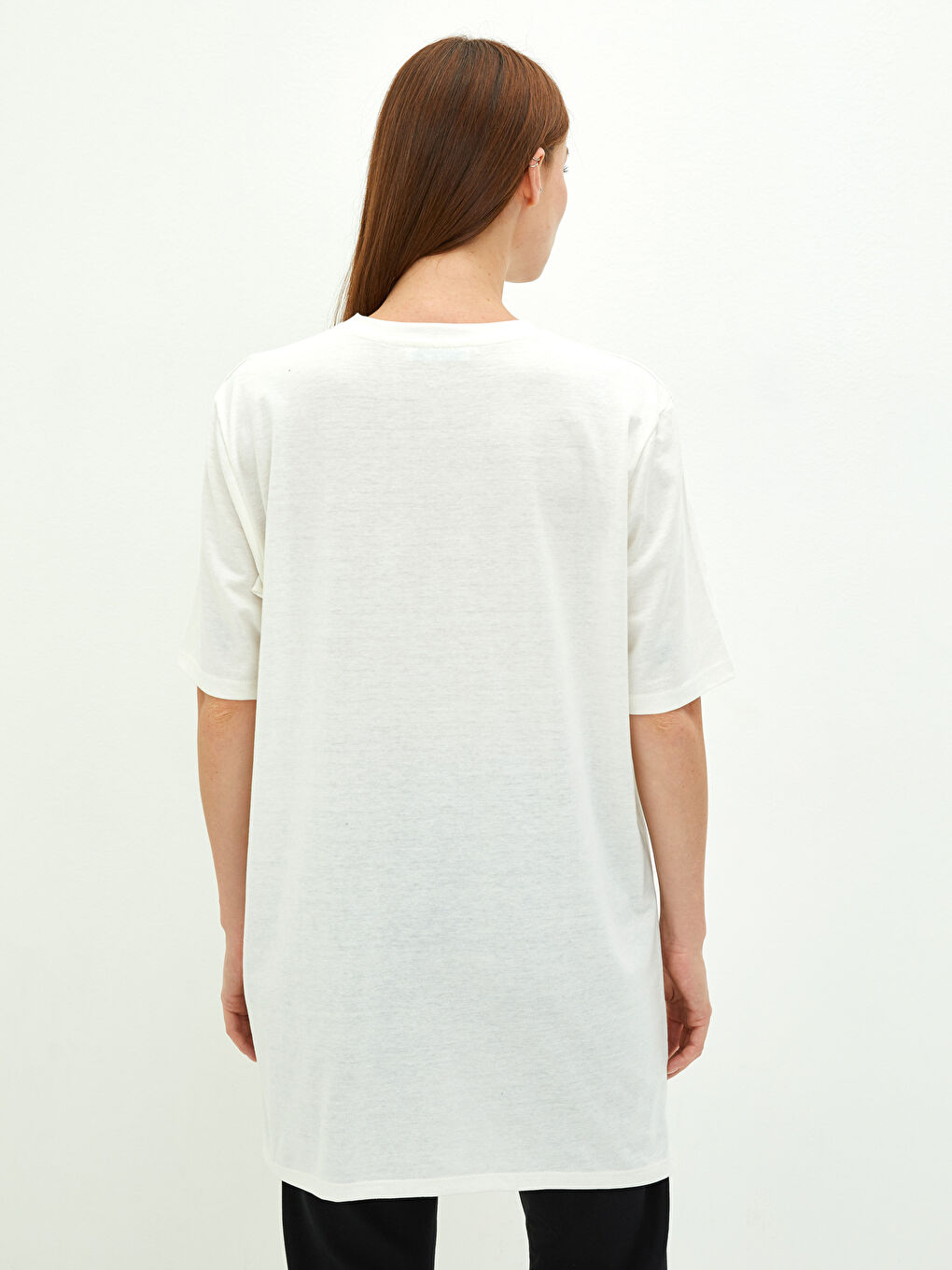 Ekru Bisiklet Yaka Baskılı Kısa Kollu Kadın Tunik-3