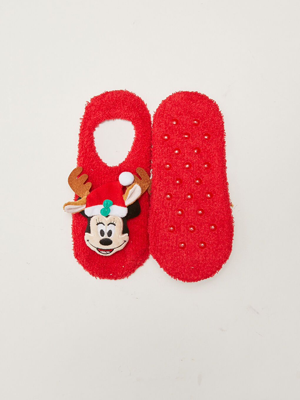 Kırmızı 3D Mickey Mouse Figürlü Kaydırmaz Taban Kadın Ev Çorabı-1