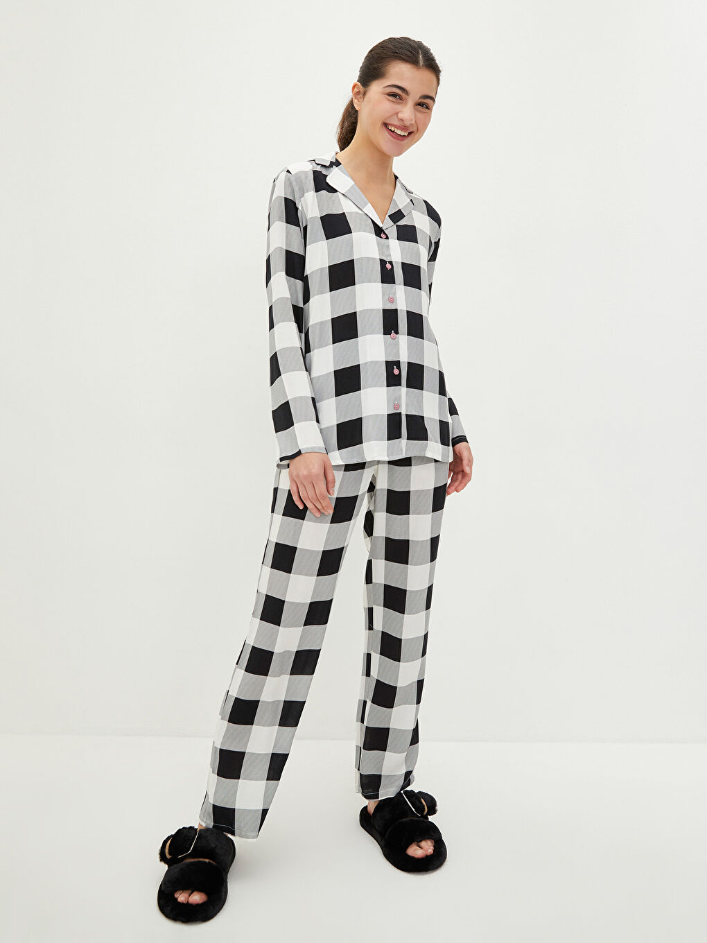 Shirt Collar Plaid Long Sleeve Viscose Women's Pajamas Set