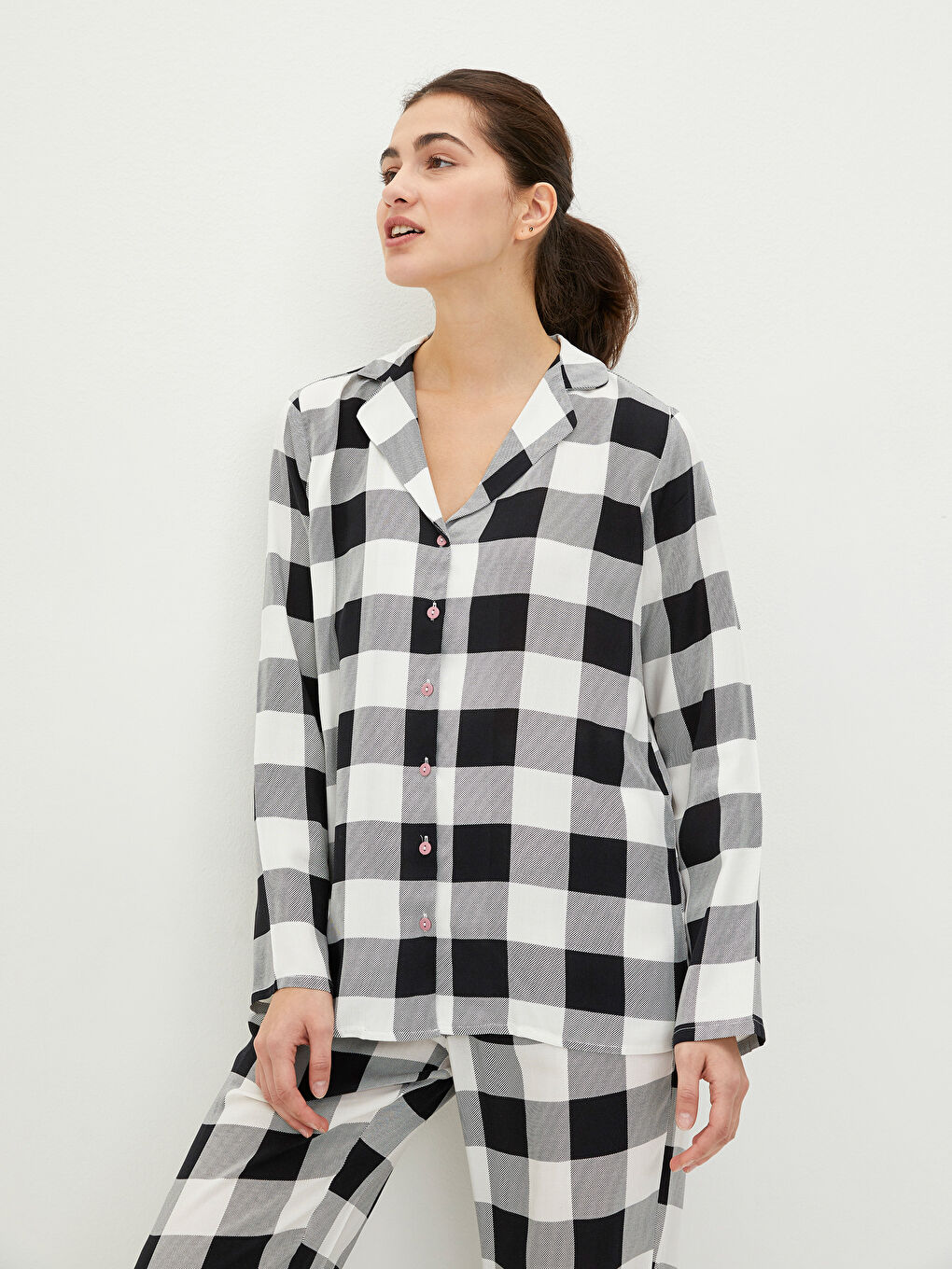 Shirt Collar Plaid Long Sleeve Viscose Women's Pajamas Set-1
