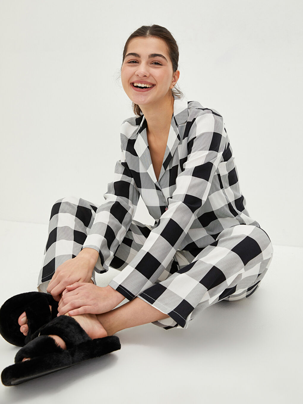 Shirt Collar Plaid Long Sleeve Viscose Women's Pajamas Set-2